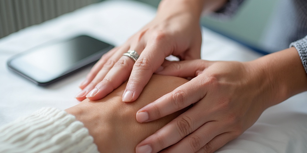 Una mano con dita lunghe e sottili, tipiche della sindrome di Marfan, è mostrata in posizione estesa. Il polso è tenuto da un'altra mano, evidenziando la sua esilità. La persona indossa un anello d'argento sull'anulare. Lo sfondo suggerisce un ambiente clinico o ospedaliero, con superfici lisce e chiare e attrezzature mediche visibili