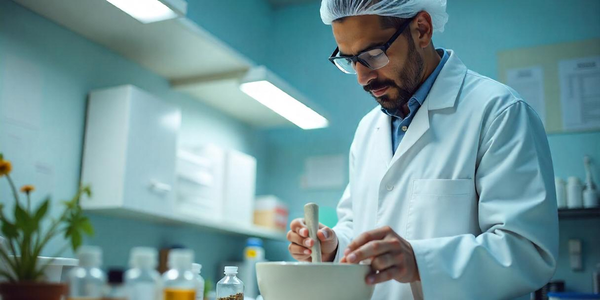 farmacista galenico che realizza una preparazione in ambiente di laboratorio