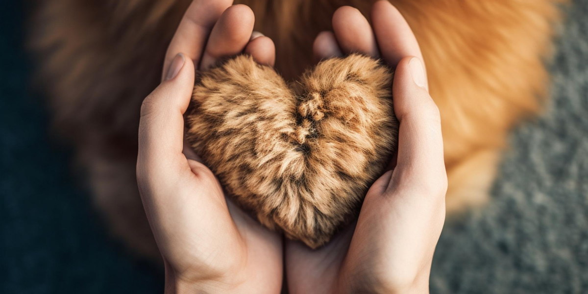 Un primo piano dall'alto verso il basso delle mani di una donna che tiene un cuore fatto dalla pelliccia di un Golden Retriever