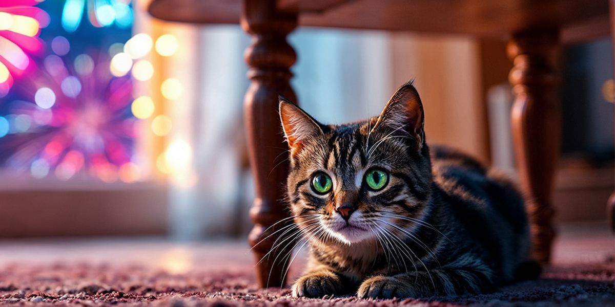 gatto spaventato si nasconde sotto al tavolo mentre i botti di capodanno vengono sparati fuori