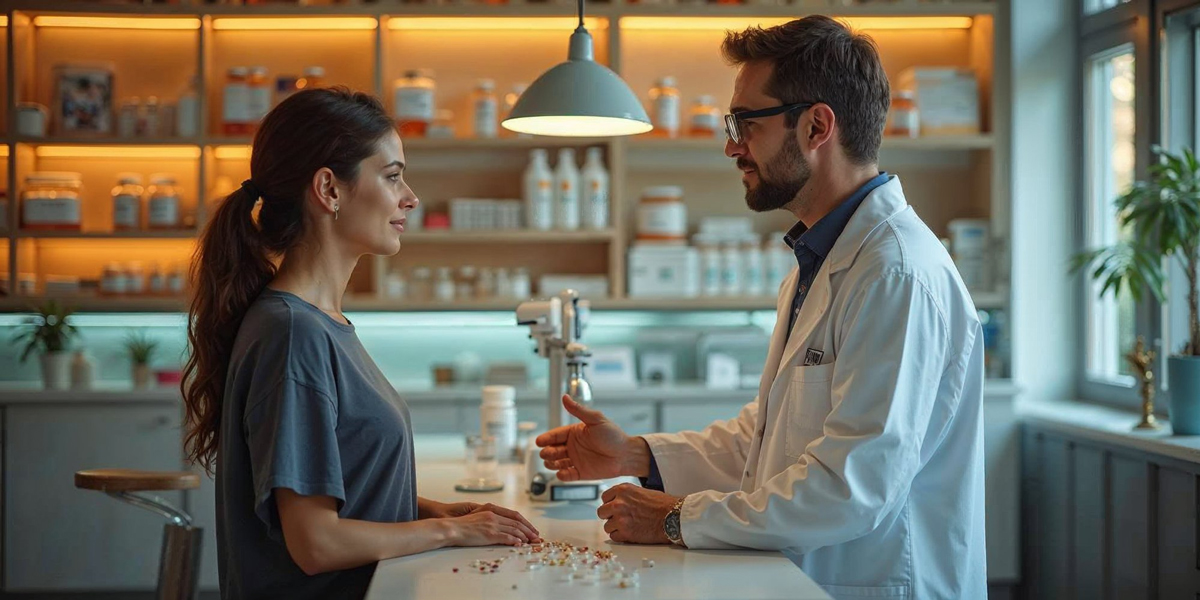 Una donna si consulta con un farmacista esperto in galenica in un laboratorio galenico moderno. L'ambiente è illuminato da una luce calda e accogliente, con scaffali pieni di prodotti farmaceutici sullo sfondo. Il farmacista, indossando un camice bianco, spiega con professionalità, mentre sul bancone sono presenti alcune capsule e pillole.